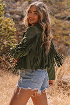 Olive Fringe Faux Suede Cropped Jacket