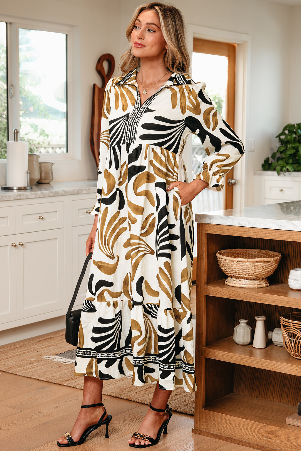 Camel Palm Print Midi Dress