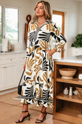 Camel Palm Print Midi Dress