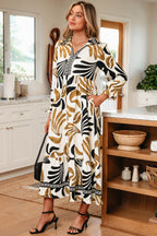 Camel Palm Print Midi Dress