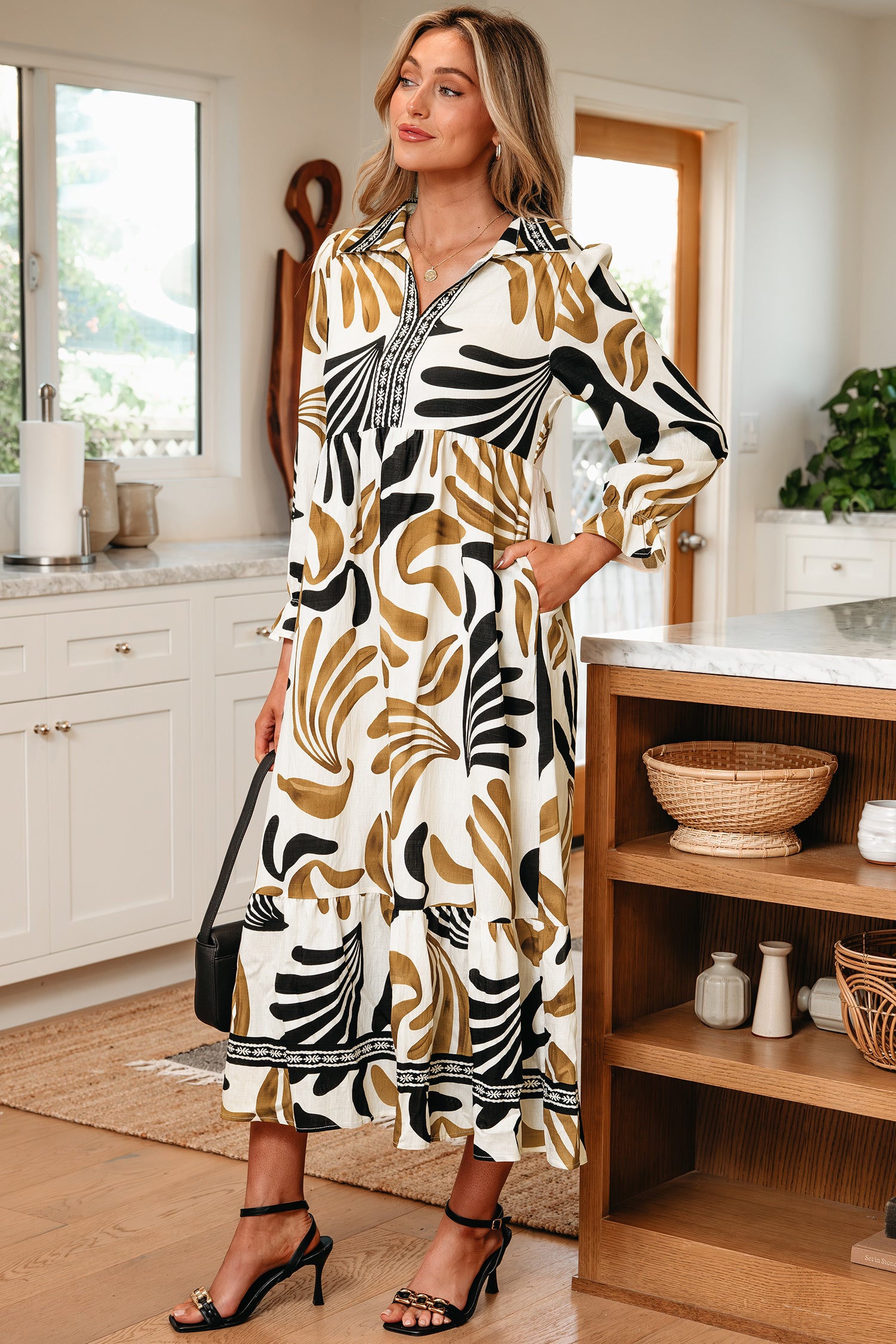 Camel Palm Print Midi Dress