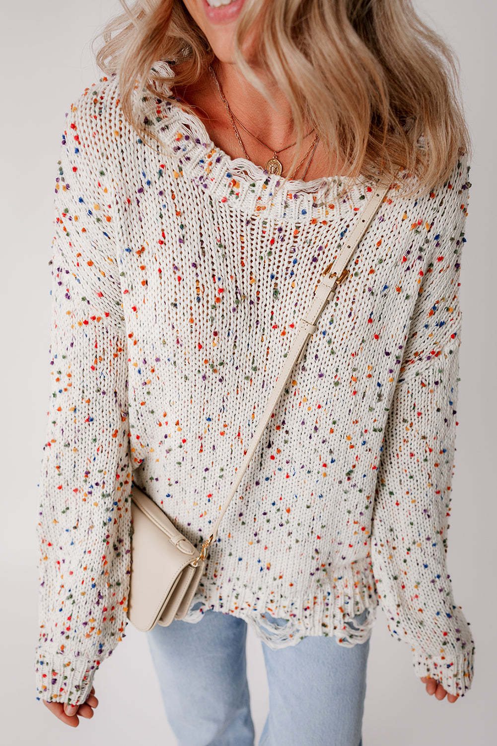 Cream Confetti Distressed Knit Sweater