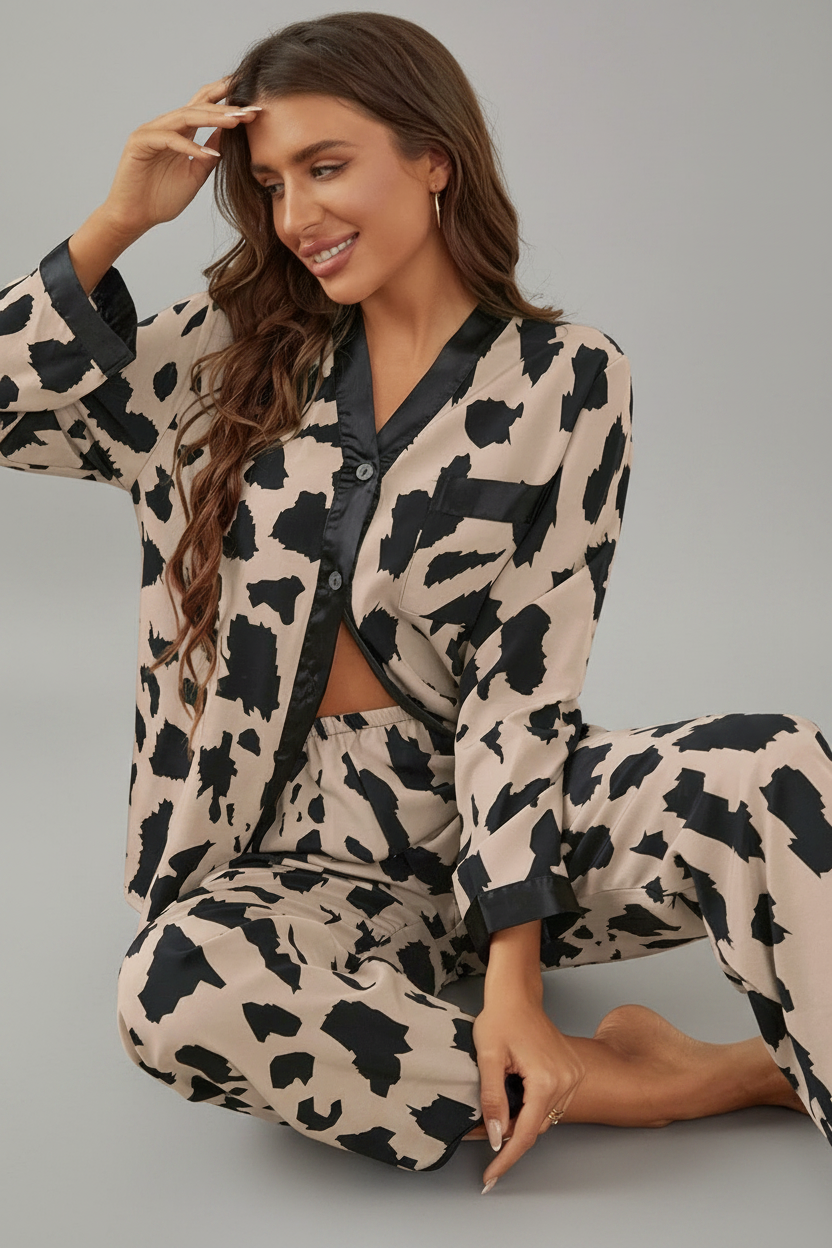 Tan and Black Animal Print Pyjama Set