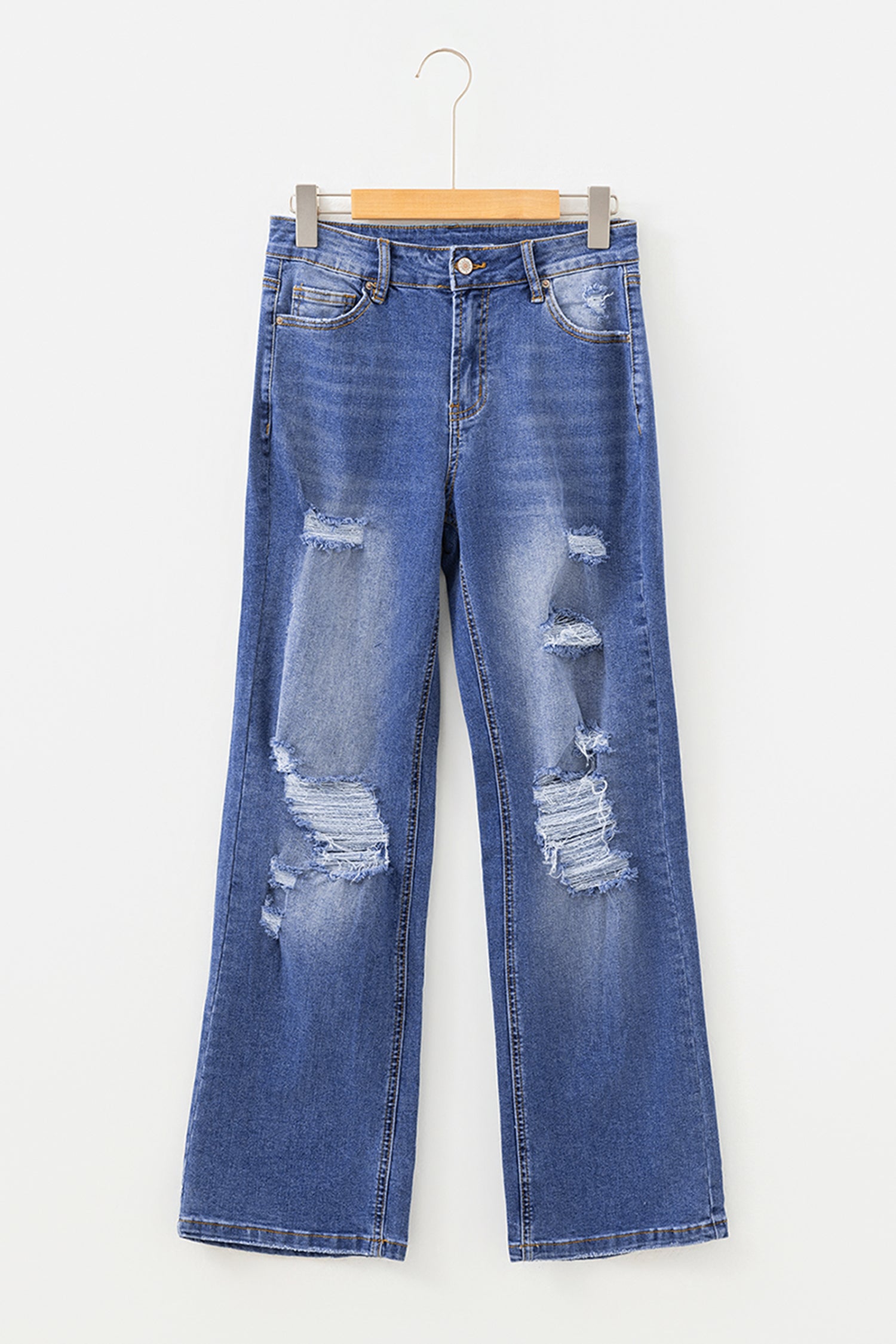 Mid-Wash Distressed Straight-Leg Jeans