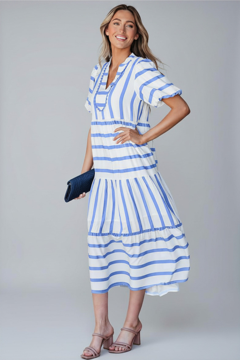Blue and White Stripe Midi Dress