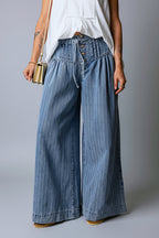 Mid Wash Pinstripe Wide-Leg Jeans