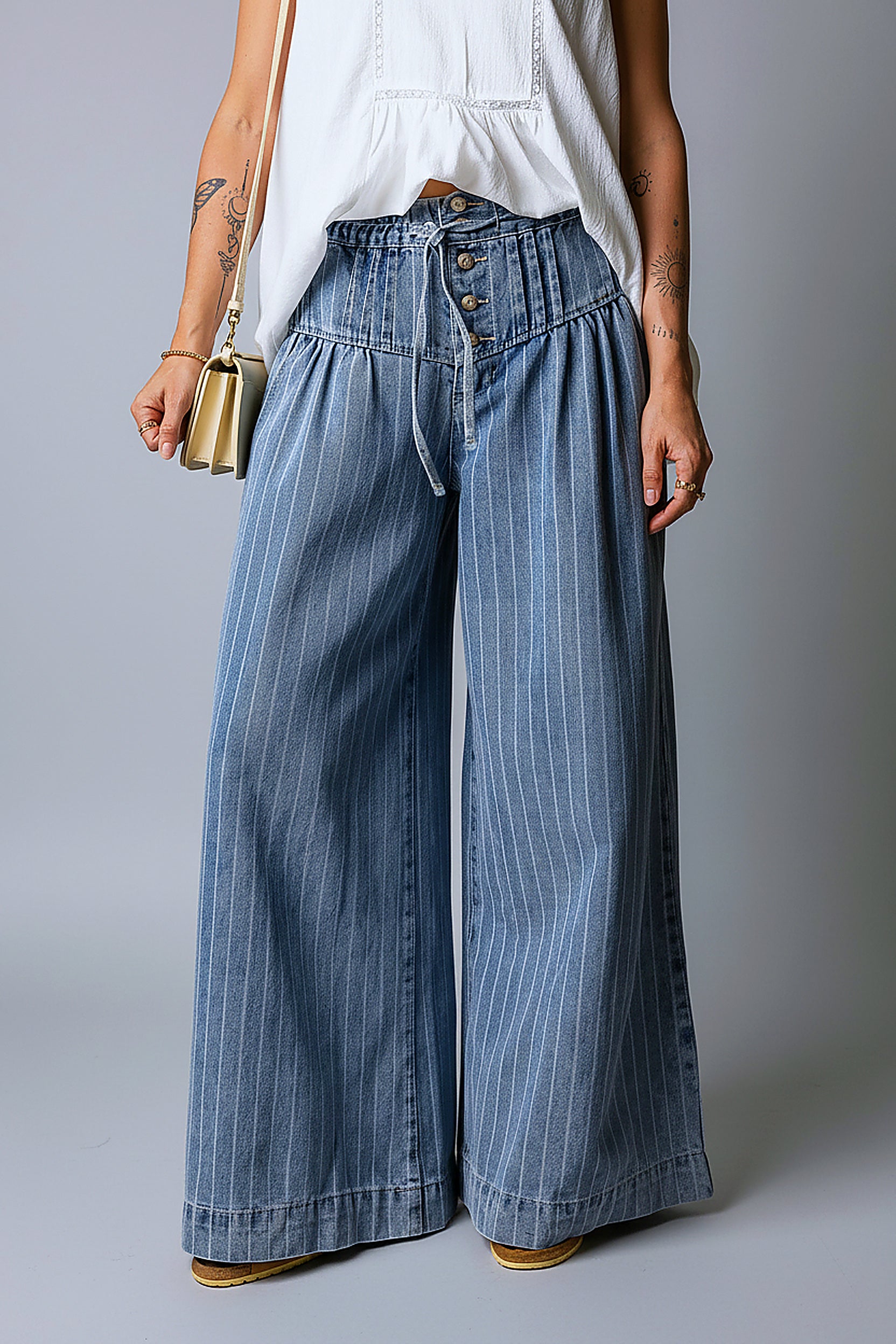 Mid Wash Pinstripe Wide-Leg Jeans