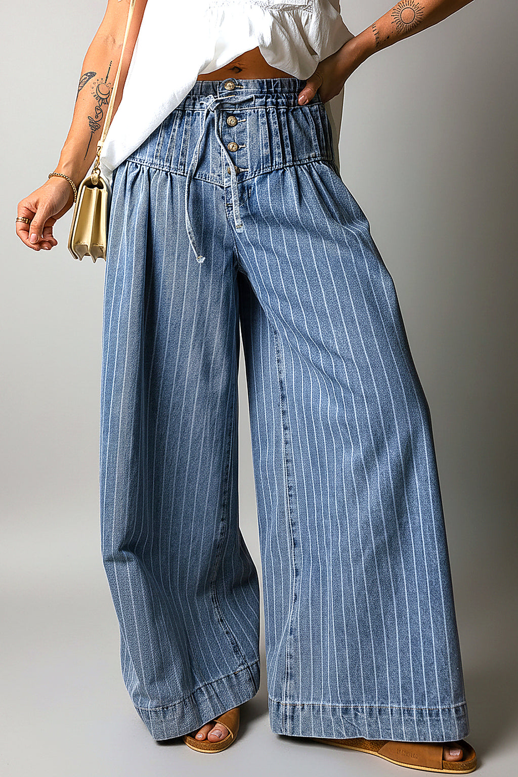 Mid Wash Pinstripe Wide-Leg Jeans