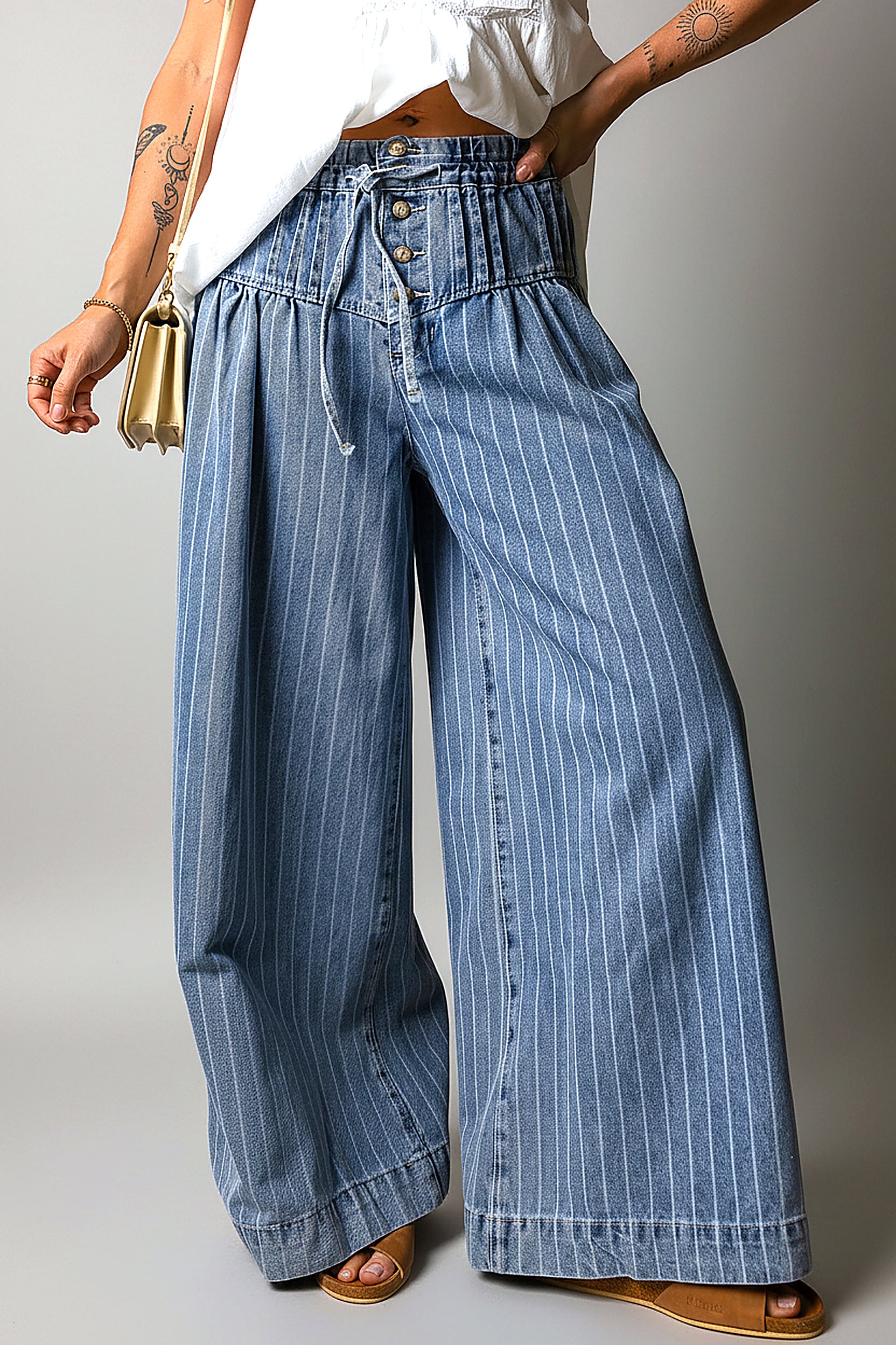 Mid Wash Pinstripe Wide-Leg Jeans